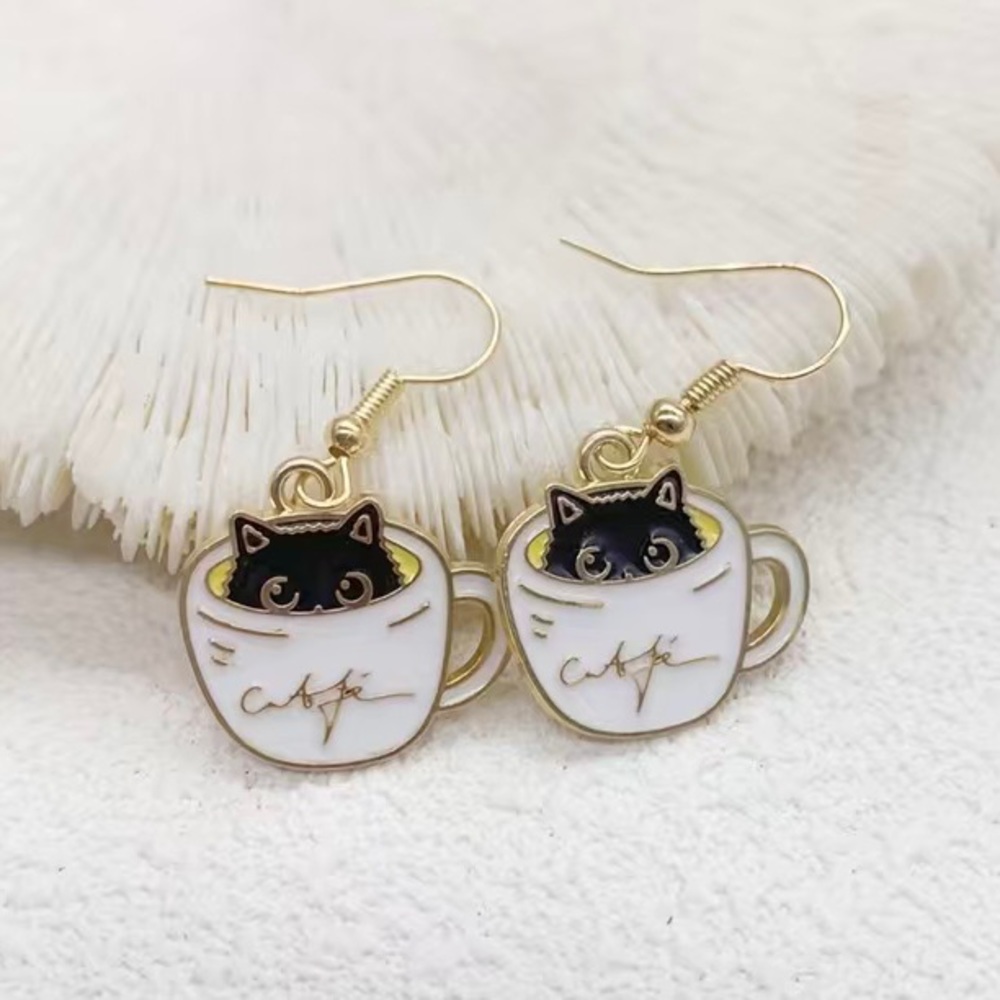 Coffee Cat Lover Cafe Dangling Gold Earrings Limited Edition Kawaii Kitty Gift